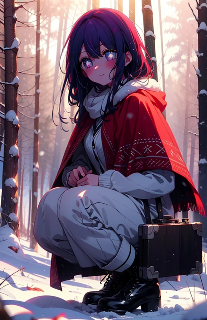 aihoshino, Ai Hoshino, Long Hair, bangs, (Purple eyes:1.1), Purple Hair, (Symbol-shaped pupil:1.5), smile,,smile,blush,white breath,
Open your mouth,snow,Ground bonfire, Outdoor, boots, snowing, From the side, wood, suitcase, Cape, Blurred, , forest, White handbag, nature, Squat, Mouth closed, Cape, winter, Written boundary depth, Black shoes, red Cape break looking at viewer, Upper Body, whole body, break Outdoor, forest, nature, break (masterpiece:1.2), Highest quality, High resolution, unity 8k wallpaper, (shape:0.8), (Beautiful and beautiful eyes:1.6), Highly detailed face, Perfect lighting, Extremely detailed CG, (Perfect hands, Perfect Anatomy),