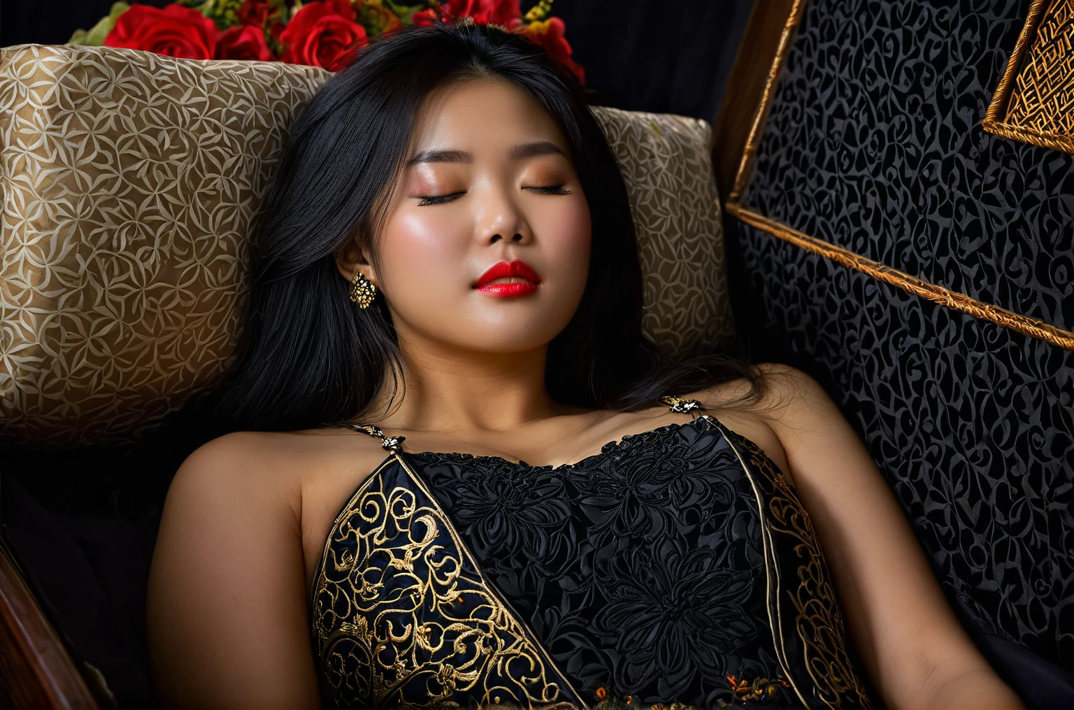In a striking 8K HDR scene, a stunning Korean woman, 22 years old, lies peacefully in a coffin and coffin cover surrounded by plush pillows behind head. The deep box is set against a rich black background, accentuating the beauty of the subject. Her exquisite deep-V neckline kebaya attire is embroidered with superb detail, showcasing her round and firm breasts, perfect cleavage, and beautiful eyebrows. Her closed eyes and mouth give an air of serenity, while her visible and absolute cleavage leave nothing to imagination. The scene is bathed in saturated colors, highlighting every intricate aspect from the ball skirt to her clean face, straight body, detailed hand perfect hands, straight body, own hands together, own hand on stomach, detailed hands, perfect hands, holding the flowers, waring high heels