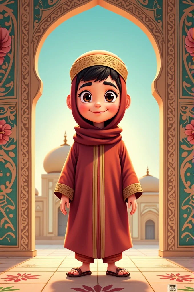 Generate an cartion image of a muslim boy in traditional muslim dress