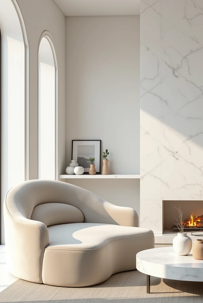 Professional 3d architecture rendering design of modern and minimal light cream velvet Modern and chic big curve shape sofa and white slab stone marble table and modern accessories and modern painting wall and modern flout white marble slab stone fireplace