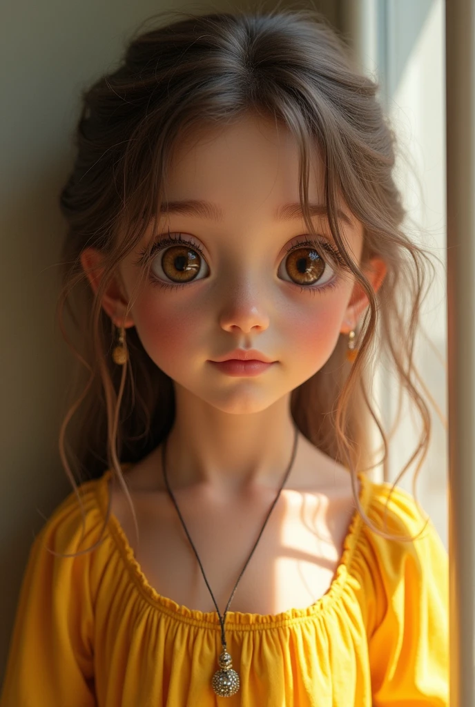 An Indian firl with white skin,she has light brown hairs, she was pretty brown eyes, she is wearing a yellow dress