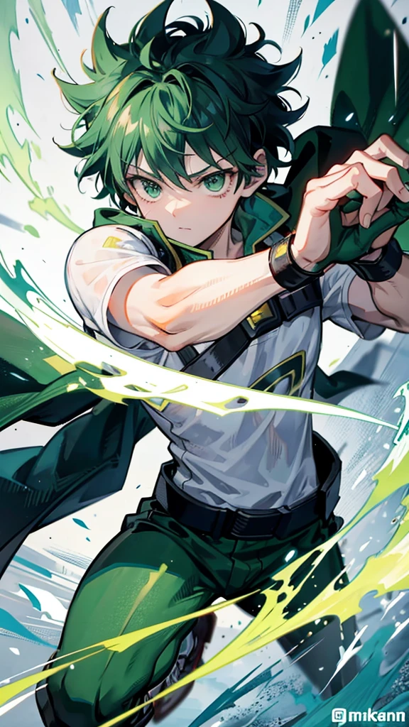 Please draw Izuku Midoriya from My Hero Academia。He has dark green messy hair and determined green eyes.。Wearing a signature hero costume、Dynamic action pose。In a scene using quarks、The green lightning and energy radiating from his body is highlighted.。Set dramatic urban landscapes and battle scenes as your backdrop。The art style is anime-like、Make sure your character conveys strength and heroism.。
