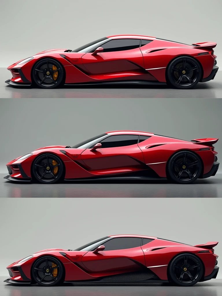 Draw a fusion of Red Corvette and Ferrari F-40 design in 3 frames: - Front view - Side view - Rear view  realistic