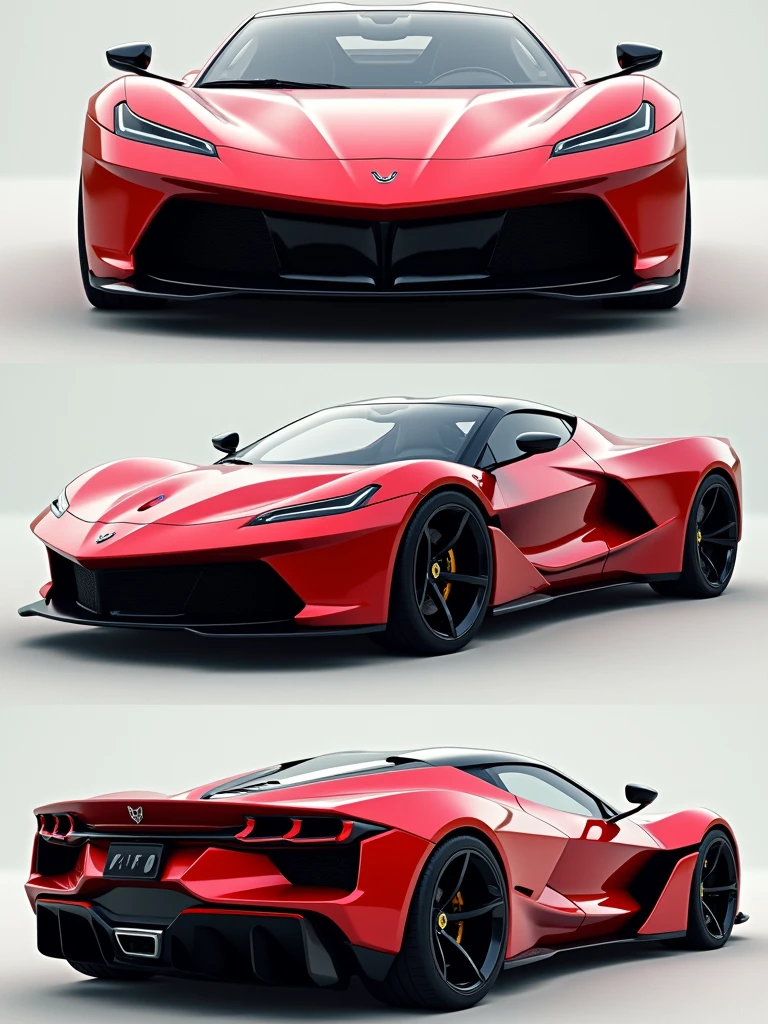 Draw a fusion of Red Corvette and Ferrari F-40 design in 3 frames: - Front view - Side view - Rear view  realistic