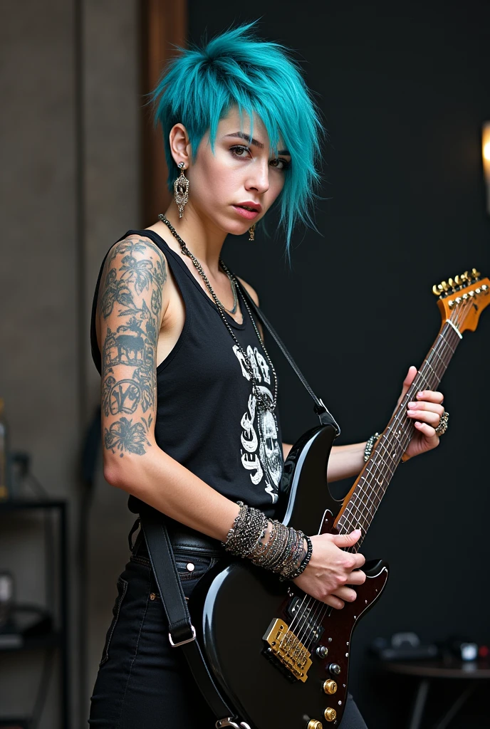 A 29 year old woman, guitarist for a punk rock band called Ovelhas Obesas. She has a look that mixes attitude and style with short hair., dyed a vibrant shade of blue, which she usually wears frayed and messy. Your eyes are piercing, highlighting your strong personality. She's tall and thin, with tattoos that cover most of their arms, many of them inspired by rock symbols and elements of Brazilian folklore. Your dressing style reflects your passion for rock: band t-shirts, leather or denim jackets, ripped pants and heavy boots are part of his daily uniform. On stage and off, Ana is an imposing figure. She is known for her bold style and her love of flashy accessories., like big rings, metal bracelets, and necklaces with pendants that have personal meaning to her. One of his trademarks is playing with a skull ring., which is an inheritance from your grandfather, and which she considers a good luck talisman.