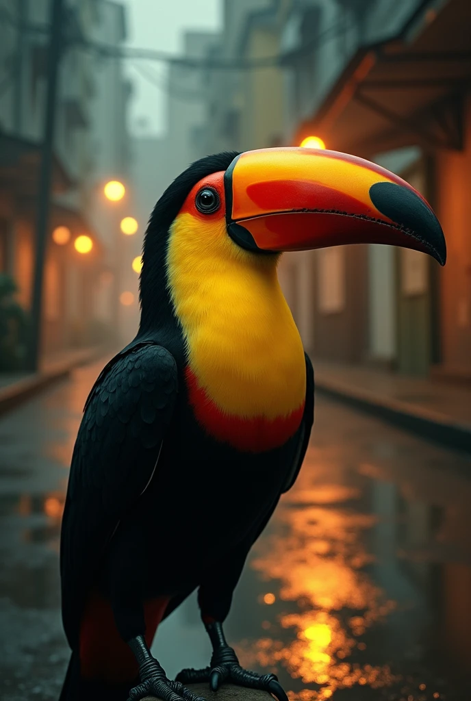 Make a realistic image with a 90s theme, where in the image there is a toucan in the streetlights and in the background there is a periphery where the toucan is looking at it