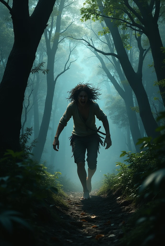 A person walking in the forest terrified