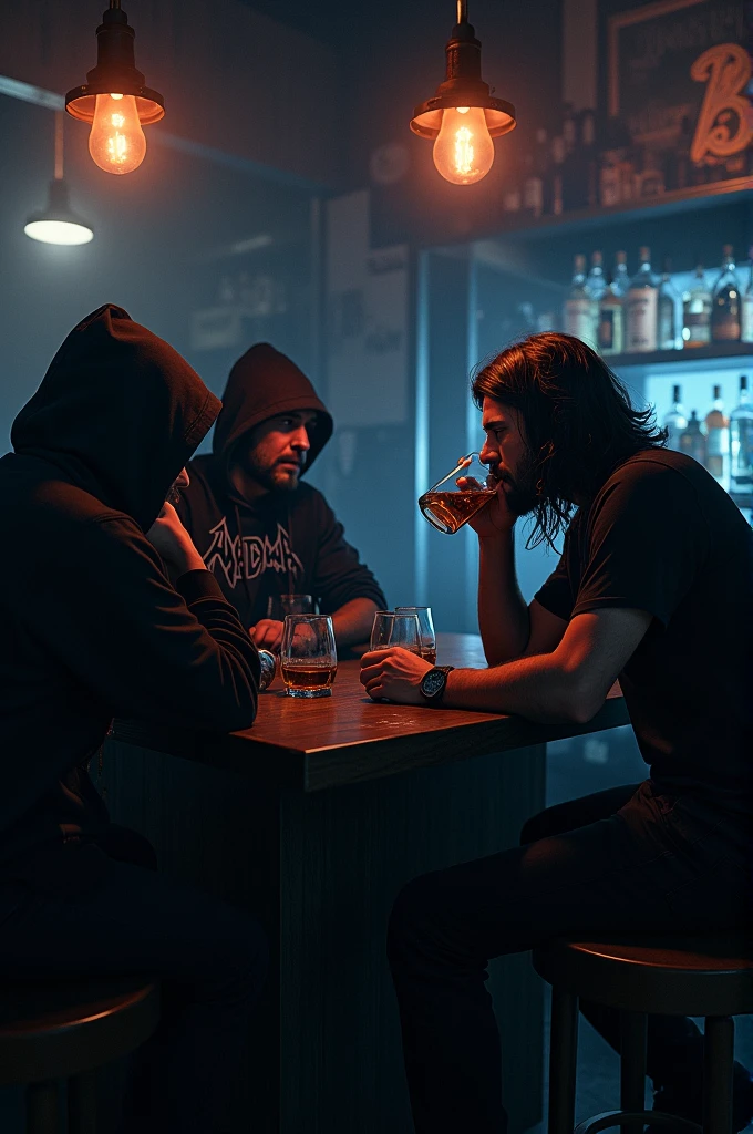 NIGHT BAR , liquors , man long hair metal t-shirt drinking whiskey with death , two men in hoodies next to each other drinking