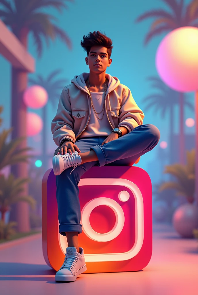 A stylish 20 year boy sitting above Instagram logo . The boy is wearing fashionable clothes .the background of him features his Instagram profile , displaying the profile name "Bharath Kumar Kanna" and a 3d illustrated profile picture of his face .