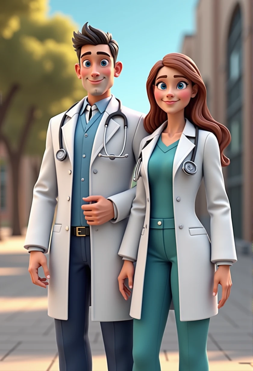 Cartoon Character Couple Of Adult Doctors Wearing Lab Coat And Stethoscope In A College , holding Britain flag, an animated character, stylized character, animation style rendering, 3d stylized, , 3 d render stylized, 3d character, 3d character, 3d rendering stylized, 3 d character render, cartoon character, Personagem de close up, character posing, (Pixar-style) (bokeh) (best qualityer) (skin detailed) (detailed texture) (8k) (Argilla) (Cinematic lighting) (sharp focus,Sit down and lift your upper body