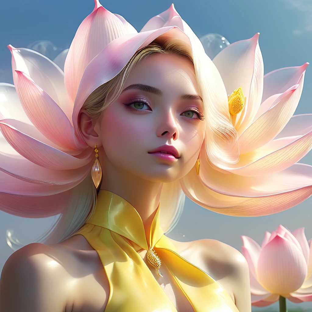 Lake surface,gold,pink,Vein,Glass texture、world,world谱world, Gradient translucent molten glass, caustic, purely, Profile image on a white background, young girl, in full height,Do Not Trim,ose dance, beautiful body, blondes , Beautiful face, in a yellow, very common dress made of Gauze, veils of pink and white lotus petals, neckline, internet, holding one giant yellow lotus in his hands, on a long stem, from the very feet, straight legs in stiletto heels, daylight, worldовой эффект, minimalist, fiery, pure pallor and tenderness, soft lighting, realistically, Smoke effect, Fog, pass-through))masterpiece, atmospheric perspective, 8k, super detailing, accuracy, Best quality