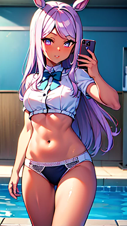 masterpiece, best quality, best quality,Amazing, 1girl, (gyaru:1.4), finely detail,extremely detailed anime screencap, depth of field, (selfie), (dark skin:1.2), shiny skin, (abs:0.9), lightpink hair, swept bangs, curly hair, medium hair, brown eyes, medium breasts, staring face, (beautiful detailed eyes), evil grin, V over eye, micro bikini, highleg bikini, eyeshadow, nail polish, earrings, groin, sky, (standing on the Resort Hotel Pool)