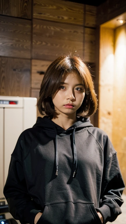 Masterpiece, best quality, ultra high resolution, hyper realistic, realistic, (photorealistic:1.4), masterpiece of analog film photograph a girl in the dark, expressionless, wearing black hoodie, taken by Hideaki Hamada using Pentax 67II and Kodak Portra, basement background