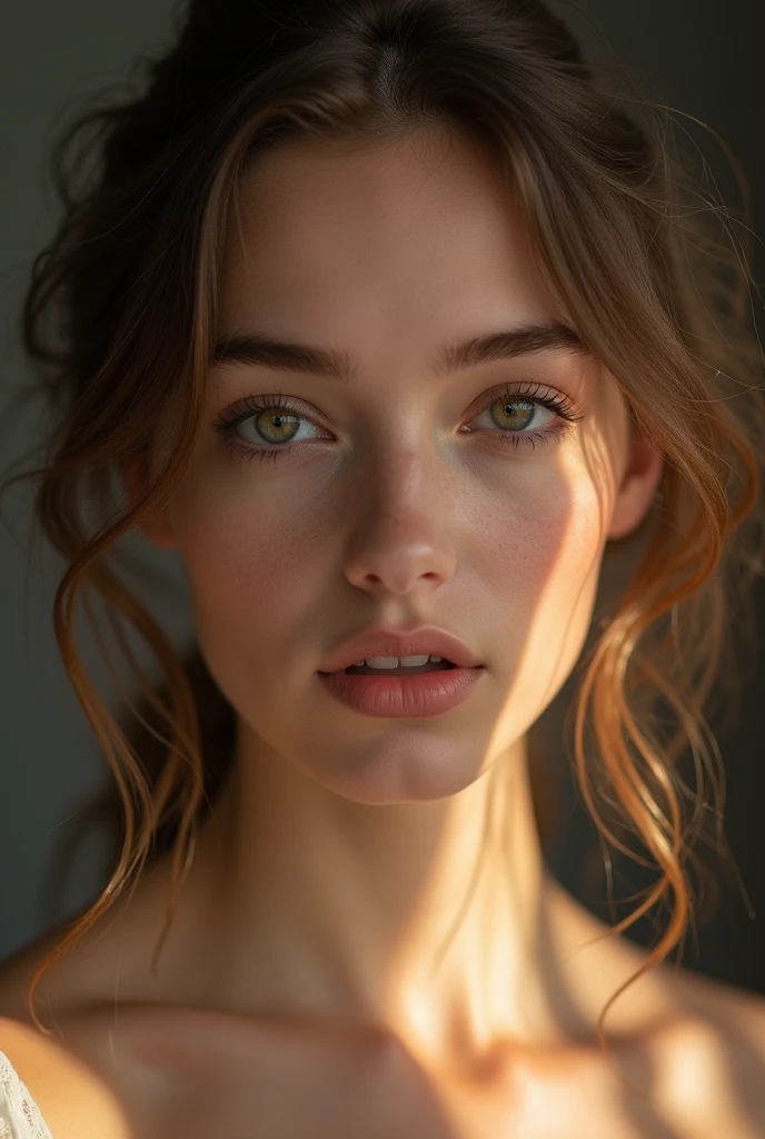 fashion model 25 years old, [[[[closeup]]]], [[[[chest]]]], [[[[neck]]]], [[[[shoulders]]]], perfect eyes, perfect iris, perfect lips, perfect teeth, perfect skin, soft front light, glow, HDR, (muted colors:1.2)