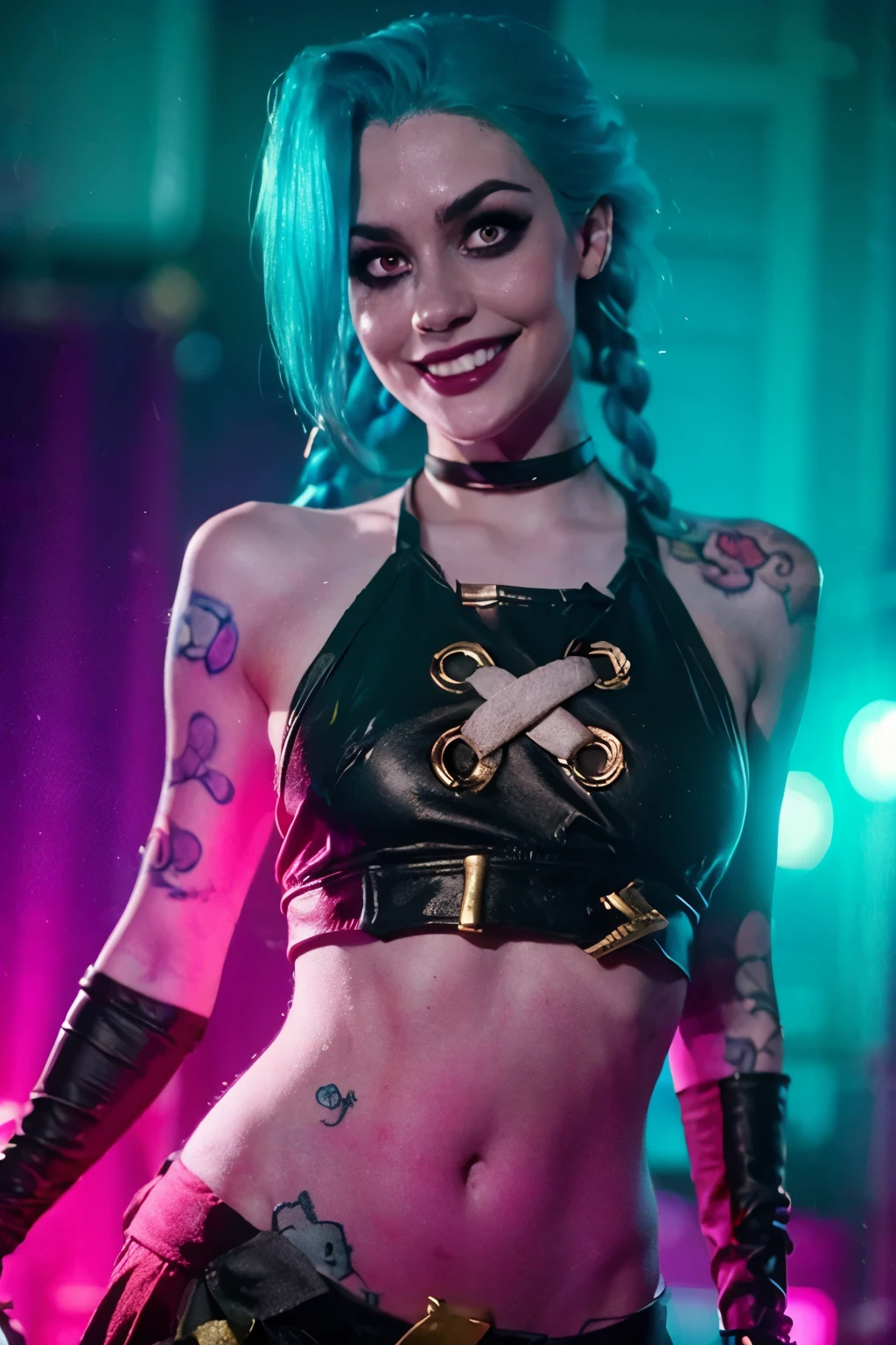 Close-up face, Hyper realistic super detailed Jinx cosplay ,(( ***** girl, ************)) , Very detailed, (hyper realistic: 1.4), in dynamic pose, angry face, twin braids, long hair, blue hair, red eyes, tattooed, ((skinny body)) , ((psycho face, creppy smiling )), arcane style. ((Grunge Neon grafitti background, cinematic lighting)).