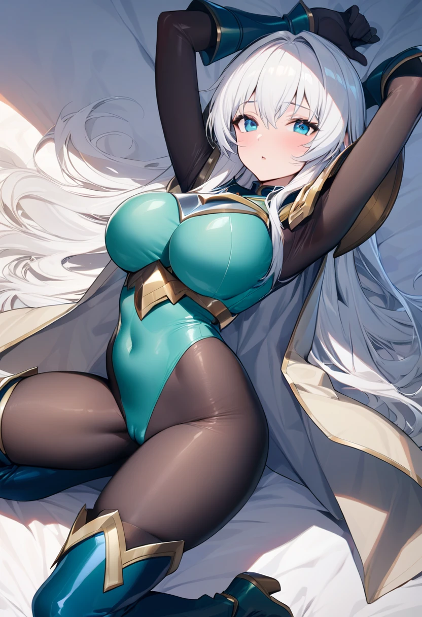 ((highest quality)), ((masterpiece)), (bed sheets), solo, 1girl, ((curvy)), ((skindantation: 1.2)), perfect face, ((Langrisser)), ((paladin)), ((skin-tight turquoise green leotard: 1.4)), ((breastplate)), ((skin-tight black Investigator Bodystocking)), ((Armored Dress)), ((shoulder armor)), ((long coat cloak)), gauntlet, (gloves), ((white hair straight long hair)), ((large breasts)), (pantyhose thighs), (thigh-high boot), (white high heel boots), cameltoe, beautiful blue eyes, Perfect hands, perfect fingers, kneeling, spread legs, arched back, arms up