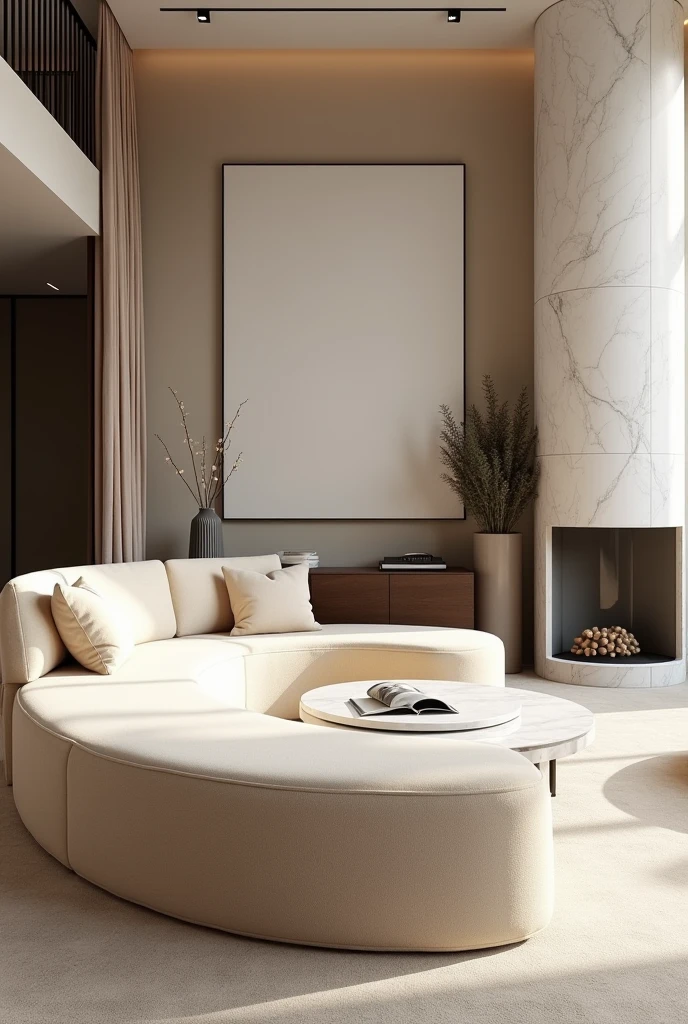 Professional 3d architecture rendering design of modern and minimal light cream velvet Modern and chic big curve shape sofa and white slab stone marble table and modern accessories and modern painting wall and modern flout white marble slab stone fireplace showing complete