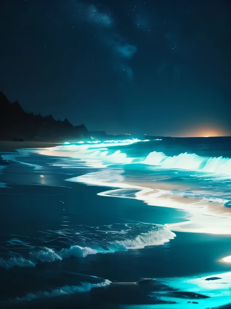 a close up of a beach with a light on the shore, makes the sea area glowing water, blue bioluminescence, bright blue glowing water, glowing water, glowing blue, glow wave, bioluminescent glow, [ bioluminescent colors ]!!, bioluminescent skin!, neon bioluminescence