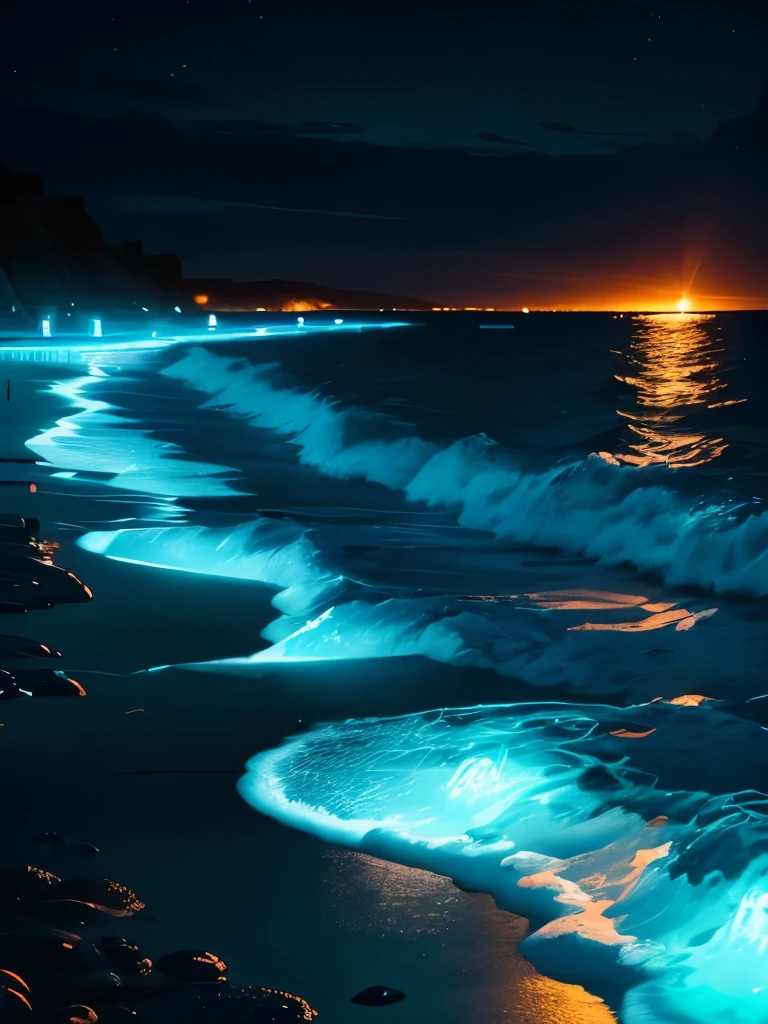 a close up of a beach with a light on the shore, makes the sea area glowing water, blue bioluminescence, bright blue glowing water, glowing water, glowing blue, glow wave, bioluminescent glow, [ bioluminescent colors ]!!, bioluminescent skin!, neon bioluminescence