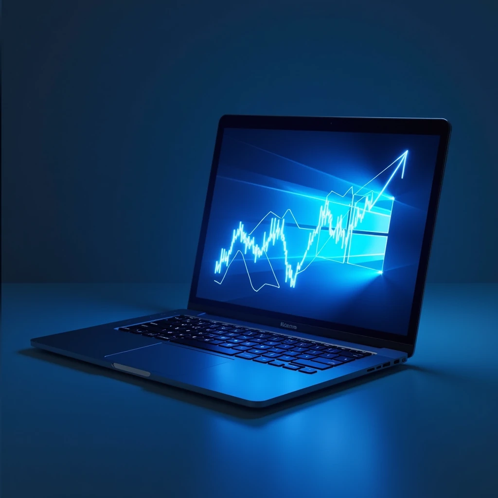 notebook with blue graph coming out of the screen