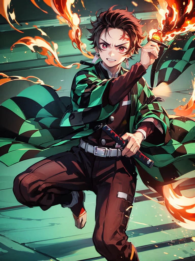 Boy (Tanjiro) using sword, fire coming from sword, happy look, 