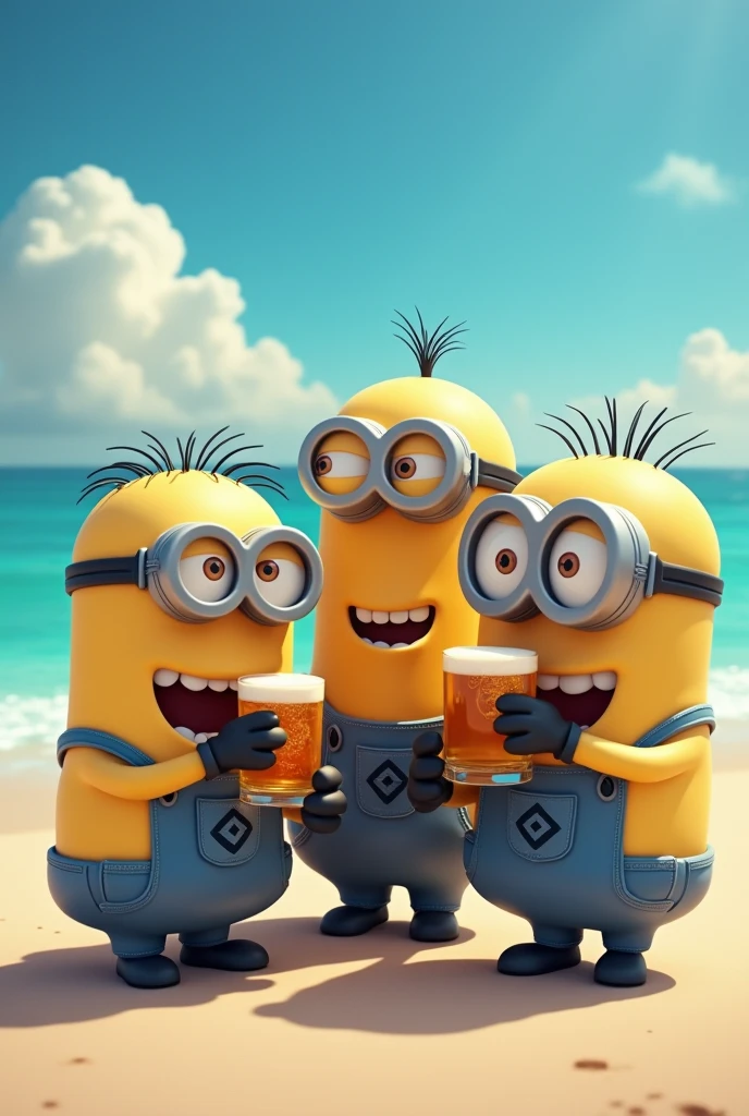 create a picture of Stuart minions, Kevin and Bob drunkenly drinking beer on a beach