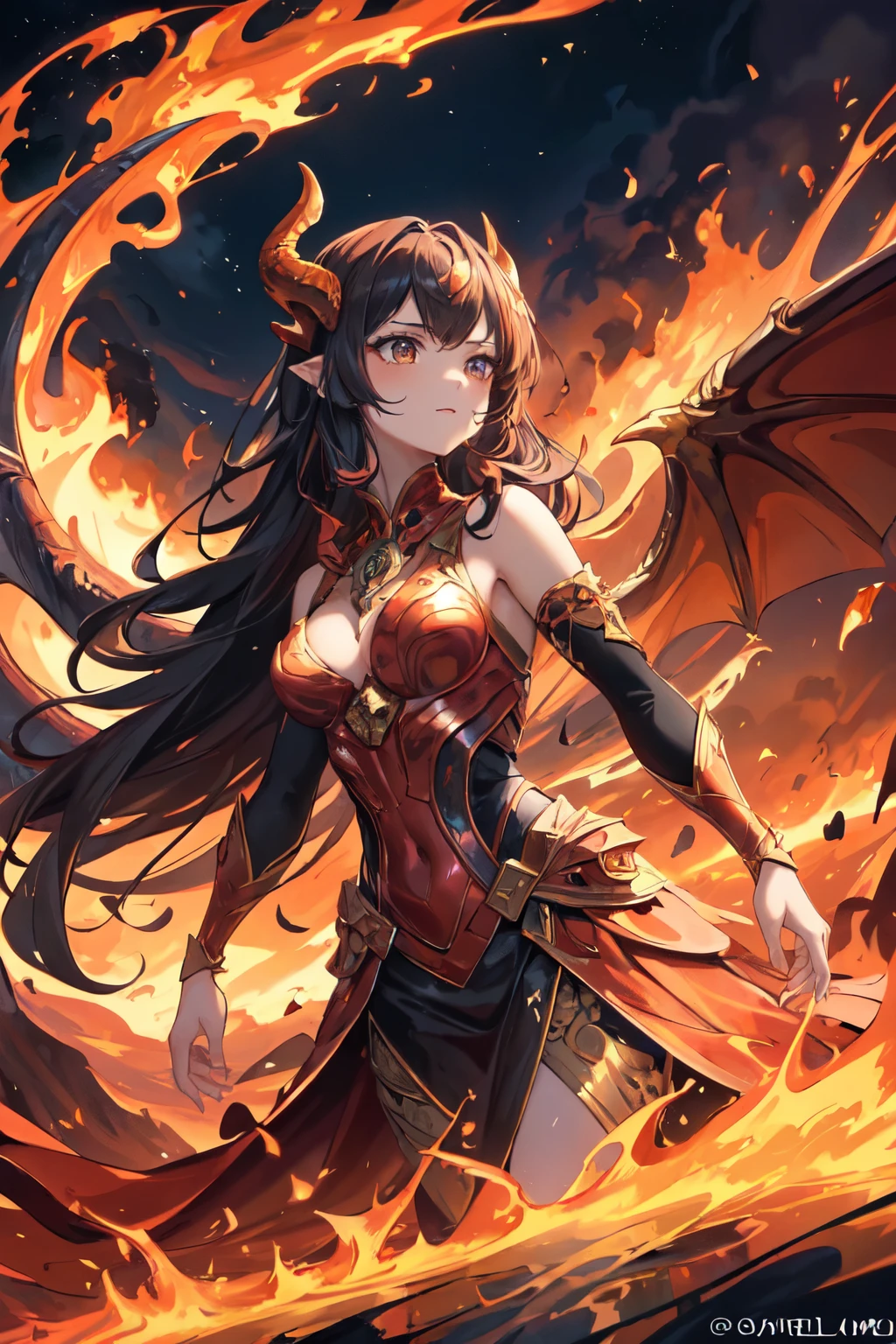(masterpiece), 1girl, princess, dragon horns, dragon wings, dragon tail, standing amidst flames, volcanic landscape, molten lava, fiery skies, ornate outfit, (young lady), upper body, glowwave