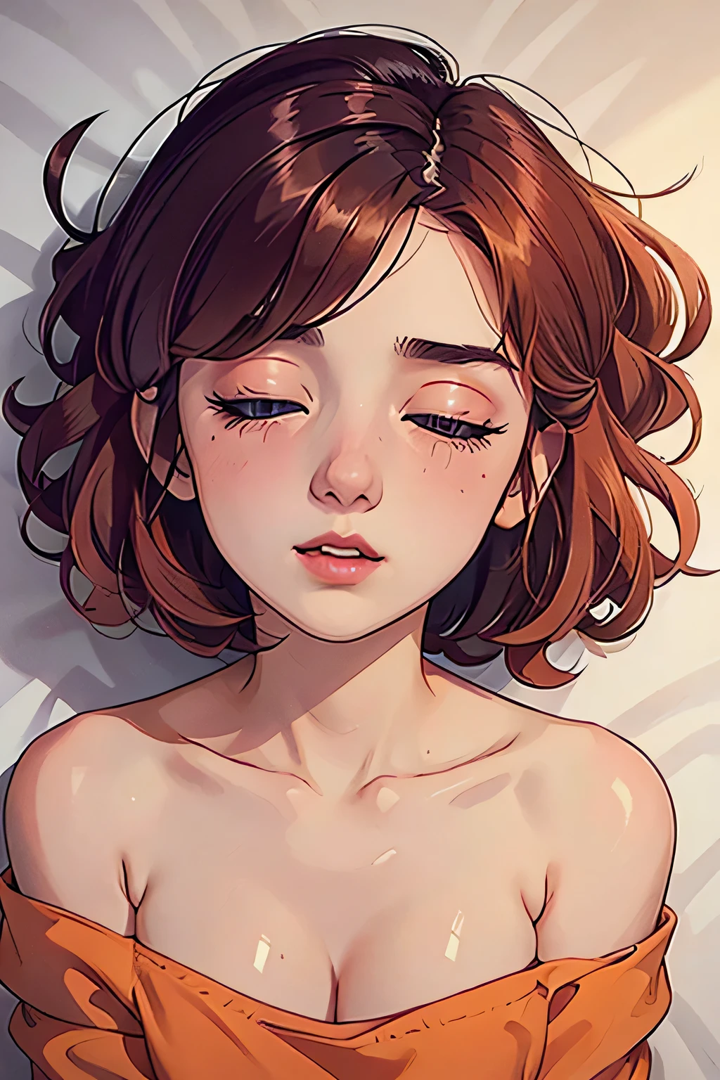 Amazing portrait of a sexy and cute girl with a short bob hairstyle and a seductive gaze who is blushing intensely with parted lips and is desperate and flustered and lustful wearing an off shoulder orange t shirt showcasing her bare shoulder while lying on bed