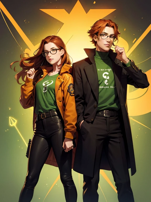 Poster for the film "Matrix, only 2 17 year old teenage characters in the image, pair, boy and girl, 1 green-eyed cute girl 17 years old with fiery orange hair and 1 brown-haired glasses 17 years old; Standing next to you, two, dynamic poses, "Matrix" background of green neon hieroglyphs flying down, ((only two characters)), cinematic lighting