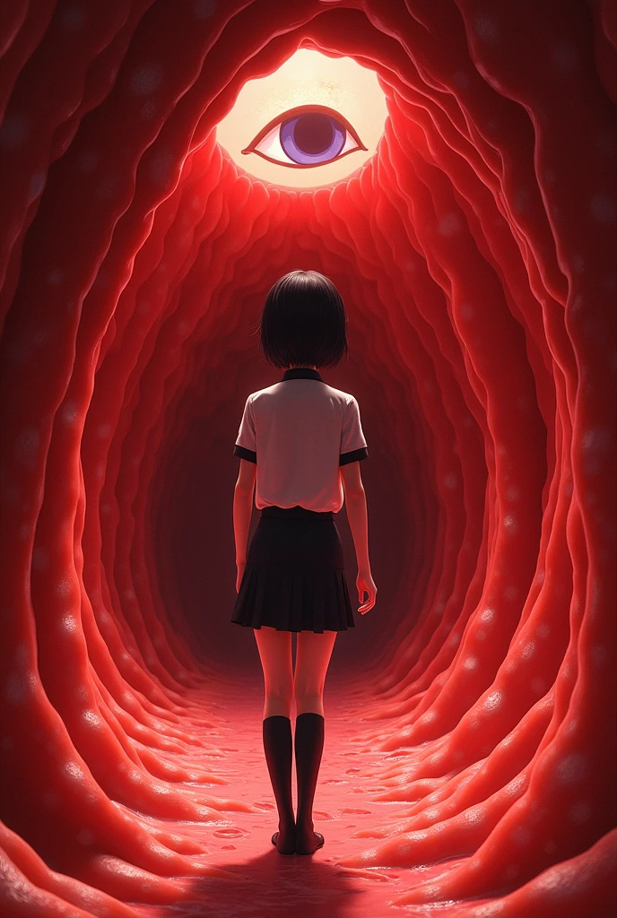 In a very narrow circular cave, The cave walls were made of wavy red jelly with vein-like patterns. , There is a large eye on the ceiling of the cave. :: There was a young Japanese woman with short black hair and wearing an office uniform. Wear a short skirt Wear long black socks, She curled up like a fetus.,Her hands held her own.