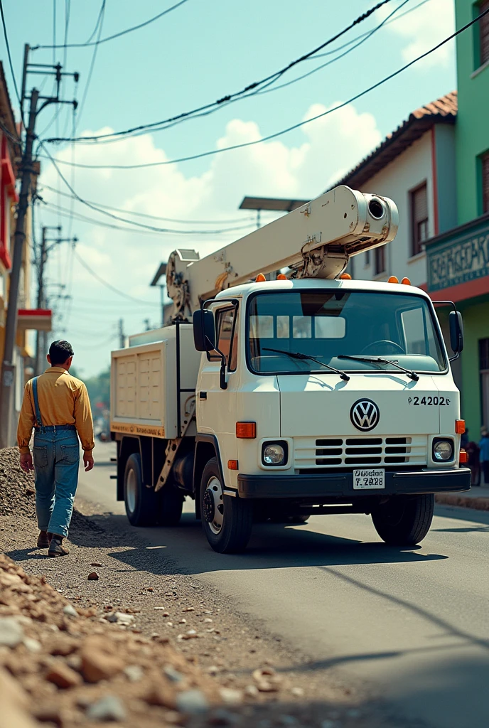 Volkswagen bucket truck model 24250 Worker year 2006, cor branco, walking in ipanema carrying gravel, in 2024