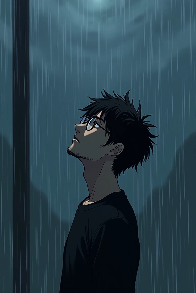 Anime man  with black hair and beard and dark eyes around 1m64 wearing glasses circle ones with black and white dress under the rain with black dark aura looking at the sky with sad face make it in 4k as phone wallpaper 