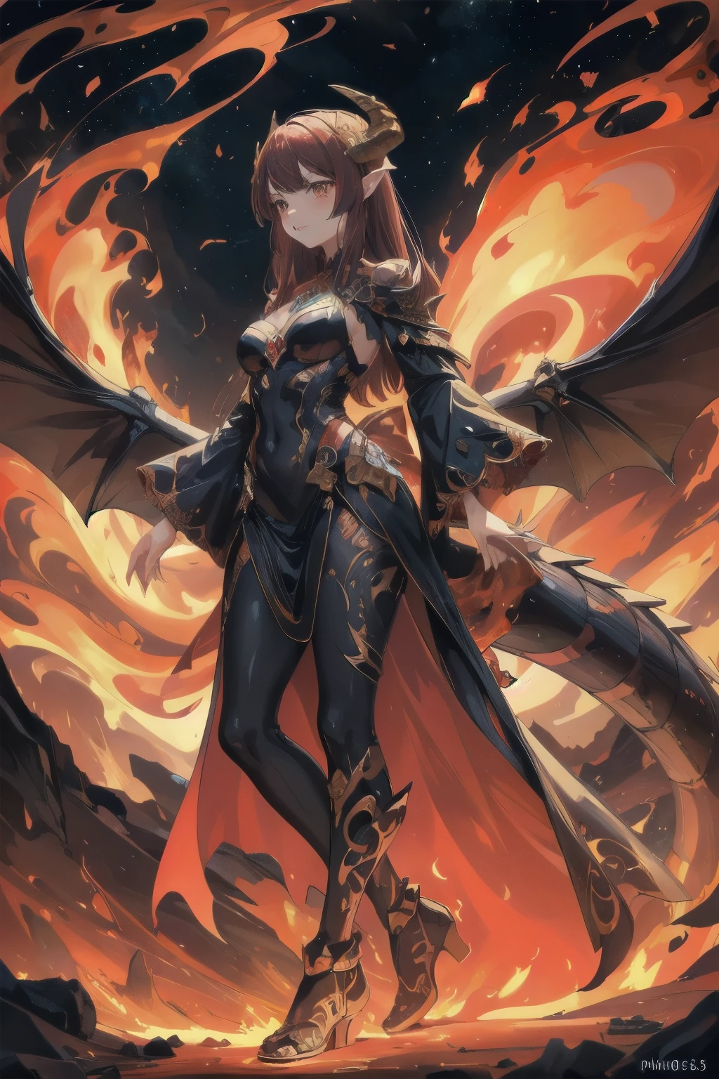 (masterpiece), 1girl, princess, dragon horns, dragon wings, dragon tail, standing amidst flames, volcanic landscape, molten lava, fiery skies, ornate outfit, (young lady),glowwave