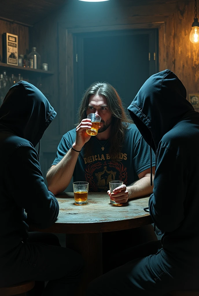 NIGHT BAR , liquors , man long hair metal t-shirt drinking whiskey with death , two men in hoodies next to each other drinking 
