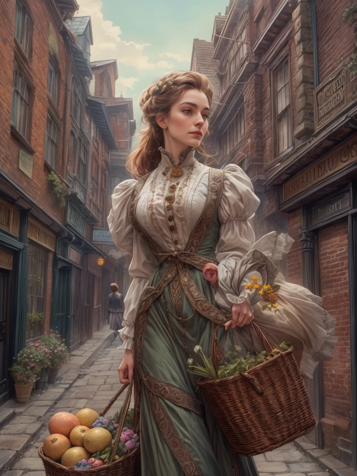 cinematic portrait of Maude Adams donning a Victorian dress walks at sub urban Victorian Manchester city sidewalk with handful of groceries, wears casual modest Victorian outfit, Medieval Building, Medieval Alley, sensuous smirk, intricate, frugal, highly detailed, intricate, digital painting, artstation, concept art, smooth, sharp focus, hyper photorealistic illustration, art by Don Lawrence and Frank Bellamy and alphonse mucha, 32k,