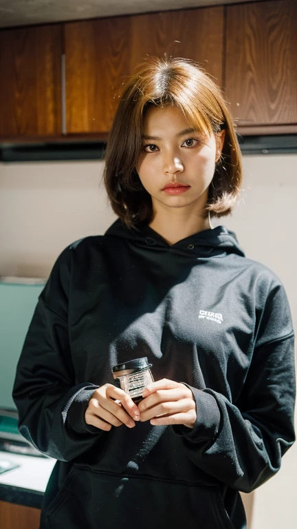 Masterpiece, best quality, ultra high resolution, hyper realistic, realistic, (photorealistic:1.4), masterpiece of analog film photograph a girl in the dark, expressionless, wearing black hoodie, taken by Hideaki Hamada using Pentax 67II and Kodak Portra, basement background 