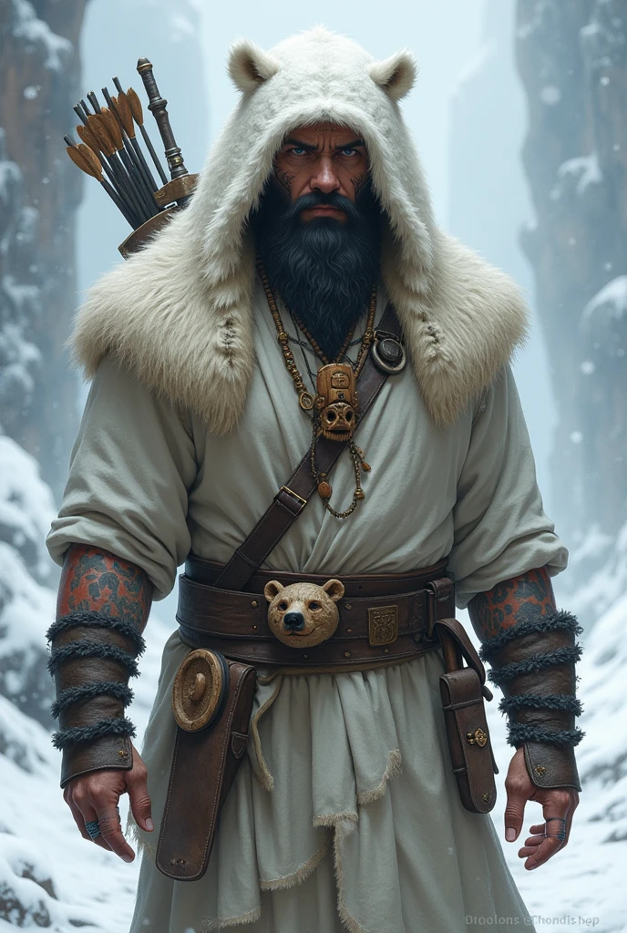 A character from Dungeons and Dragons who is a human ranger, is around 34 years old, Athletic, dark haired, dense beard and very white skin, between 1,80 and 1,91 meters high, Has more tribal tattoos on his face, dresses in a large polar bear skin and the bear&#39;s head covers his head and light clothes to disguise himself in the white snow landscape, carries a bow and arrows on his back, has a dagger strapped to his waist. It has a necklace with a wooden carved bear totem around its neck., rings on his fingers and has a distant look