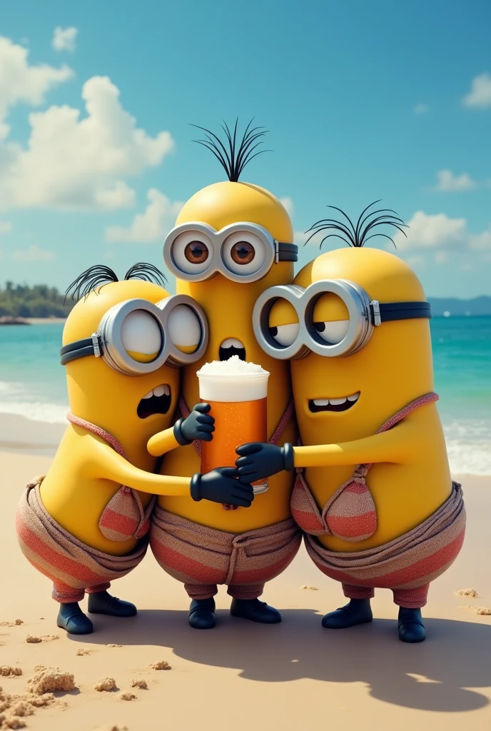 create a picture of Stuart minions, Kevin and Bob drunkenly drinking beer on a beach hugging three women in bikinis 