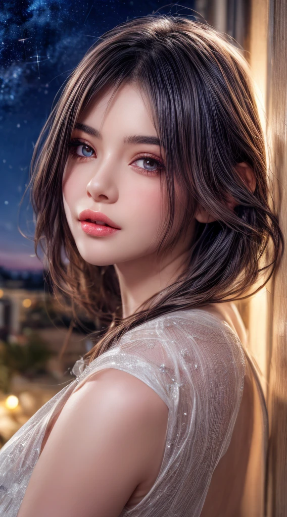 best quality,  masterpiece,  ultra-detailed,  illustration,  detailed light,  an extremely delicate and beautiful,  a girl,  beautiful detailed eyes,  stars in the eyes,  messy floating hair,  colored inner hair,  Starry sky adorns hair,  depth of field
