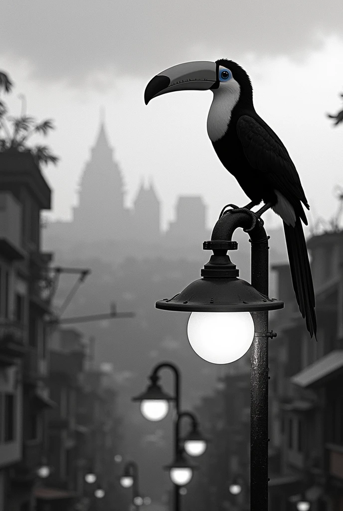 Make a realistic image with a 90s theme in black and white, where in the image there is a toucan on the streetlights and in the background there is a Brazilian favela 
