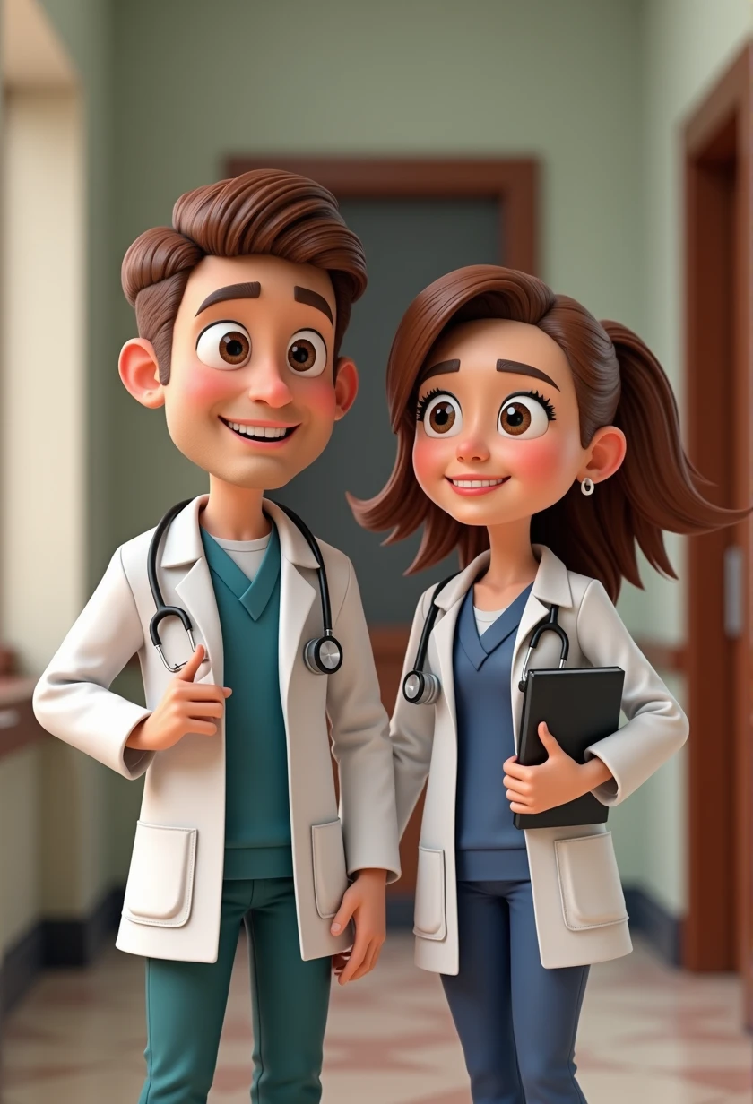 Cartoon Character Couple Of Adult Doctors Wearing Lab Coat And Stethoscope In A College , holding Britain flag, an animated character, stylized character, animation style rendering, 3d stylized, , 3 d render stylized, 3d character, 3d character, 3d rendering stylized, 3 d character render, cartoon character, Personagem de close up, character posing, (Pixar-style) (bokeh) (best qualityer) (skin detailed) (detailed texture) (8k) (Argilla) (Cinematic lighting) (sharp focus,Sit down and lift your upper body
