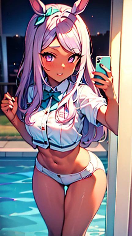 masterpiece, best quality, best quality,Amazing, 1girl, (gyaru:1.4), finely detail,extremely detailed anime screencap, depth of field, (selfie), (dark skin:1.2), shiny skin, (abs:0.9), lightpink hair, swept bangs, curly hair, medium hair, brown eyes, medium breasts, staring face, (beautiful detailed eyes), evil grin, V over eye, micro bikini, highleg bikini, eyeshadow, nail polish, earrings, groin, sky, (standing on the Resort Hotel Pool)
