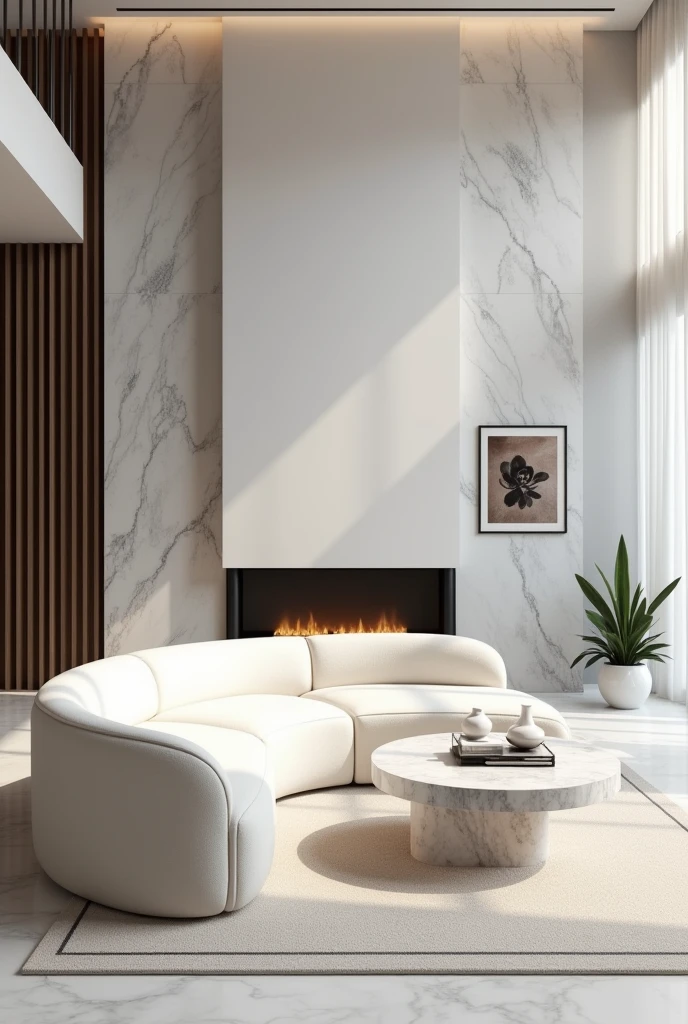Professional 3d architecture rendering design of modern and minimal white velvet Modern and chic big curve shape sofa and white slab stone marble table and modern and elegant accessories and modern painting wall and modern flout white marble slab stone fireplace showing complete