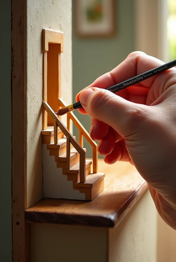 Mini staircase painting skirting board with brush 