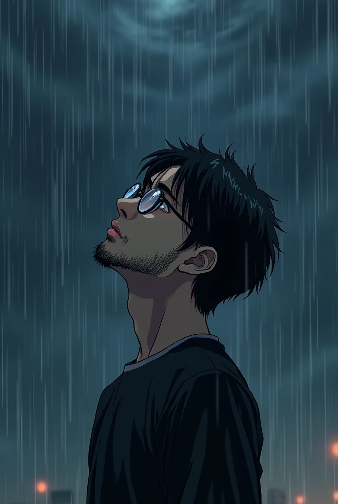 Anime man with black hair and fully beard and dark eyes around 1m64 wearing glasses circle ones with black and white dress under the rain with black dark aura looking at the sky with sad face make it in 4k as phone wallpaper