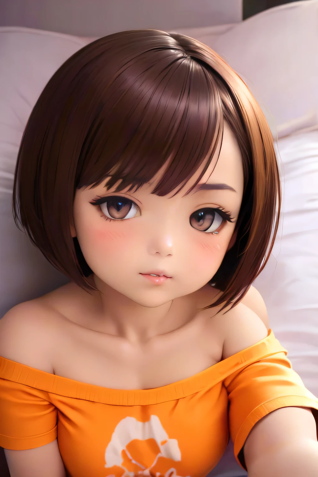 Amazing portrait of a sexy and cute girl with a short bob hairstyle and a seductive gaze who is blushing intensely with parted lips and is desperate and flustered and lustful wearing an off shoulder orange t shirt showcasing her bare shoulder while lying on bed