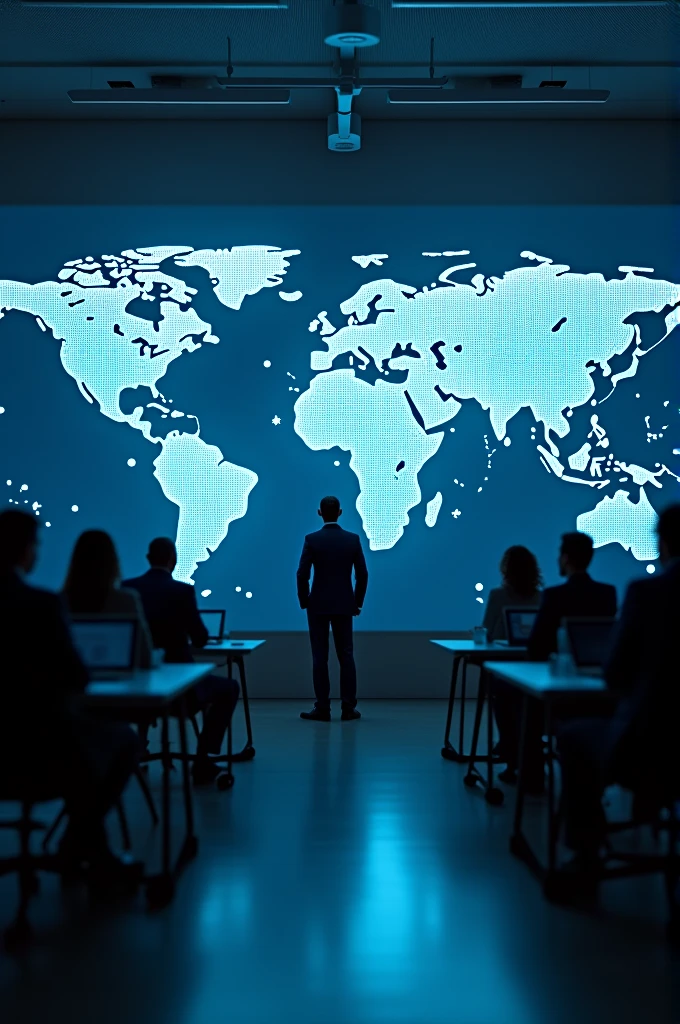 Create a visually striking image that captures a group of professionals in a sleek, modern conference room, centered around a large digital world map displayed prominently in the background. Utilize advanced lighting techniques to emphasize the map, casting a soft glow that highlights its importance. Integrate dynamic connection lines across the map to symbolize global networks and international collaboration. The composition should follow the rule of thirds, ensuring a balanced and engaging visual flow. The overall aesthetic should convey themes of cutting-edge innovation and seamless global cooperation, making it ideal for high-impact advertising or corporate presentations.