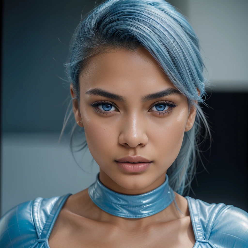 A hyper detailed 4k quality photo of 20 years old beautiful girl, England and Indonesian mixed race, big lips, high cheekbones, perfect blue light eyes, straight blue-grey hair undercut, (huge boobs:0.8), realistic texture skin, flawless skin, wearing tight bodycon, taken from Canon Eos 350 with 85mm lens, masterpiece, bokeh