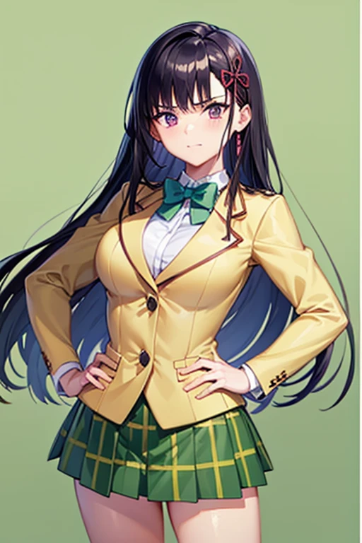 masterpiece, Highest quality, Yellow Blazer, Long sleeve, Green bow tie, green plaid mini skirt, Large Breasts, , Put your hands on your hips, View your viewers, blush, corridor, 1girl,purple hair, long hair,purple eyes,hair ribbon, hair ornament,