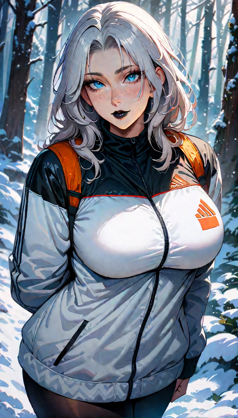 (high quality, 8k, 4K, high contrast, artwork:1.2, high quality, best aesthetics), (centered), ((1 woman)), erotic, sensual, mature body, grown woman, super detailed, beautiful face detailed, beautiful eyes detailed, detailed beautiful mouth, perfect big breasts, (long wavy white hair), (blue eyes), (freckles), (black eyeliner), (black eyeshadow), (relaxed expression), (piercing gaze), (looking at viewer), (black lipstick), (front view of woman), (standing), (straight body posture), (hands behind the back), (thick white Nike winter jacket), (black Adidas leggings), (in the middle of a frozen forest), (snow), (cold)